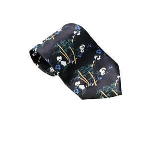 Kailong‎ Hand Made Black Silk Tie Panda Bamboo Print Men's Necktie